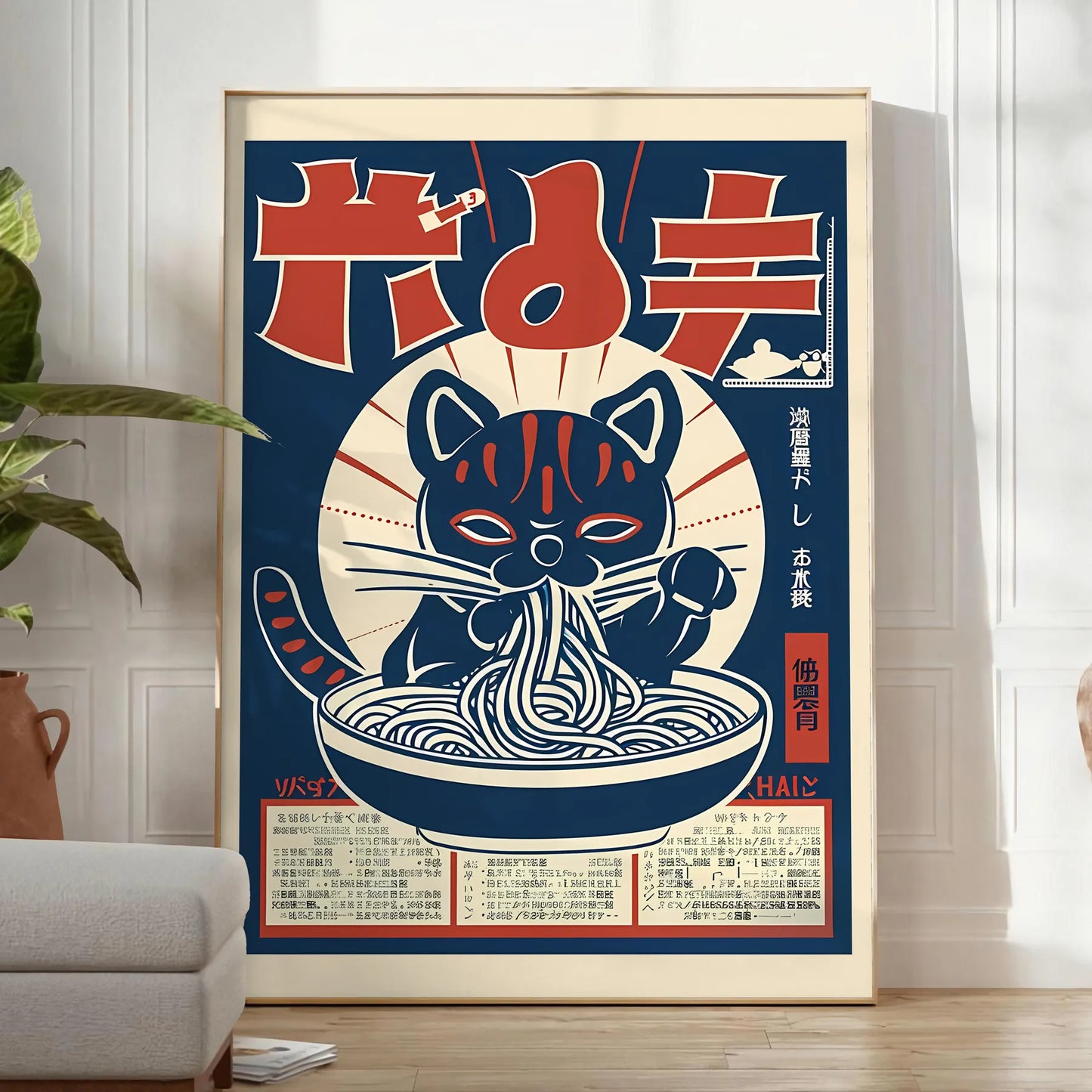 whimsical touch space Cat Ramen Kitchen Art Poster playful feline chefs vibrant blue green palette captivating wall perfect gift lovers foodies various sizes A4 cm A0