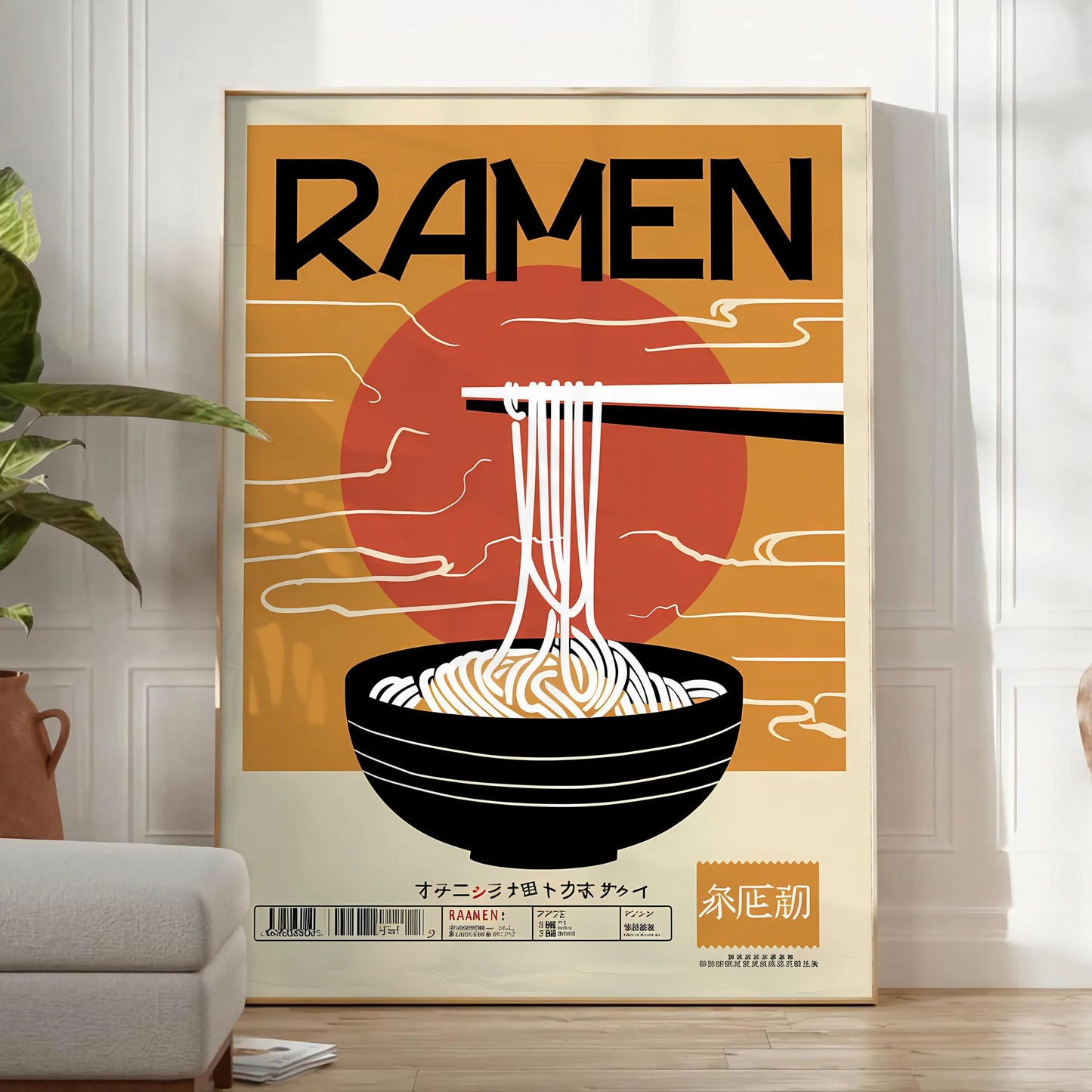 space captivating ramen kitchen poster bold black vibrant orange hues wall art unique gift food lovers sizes A4 cm A0