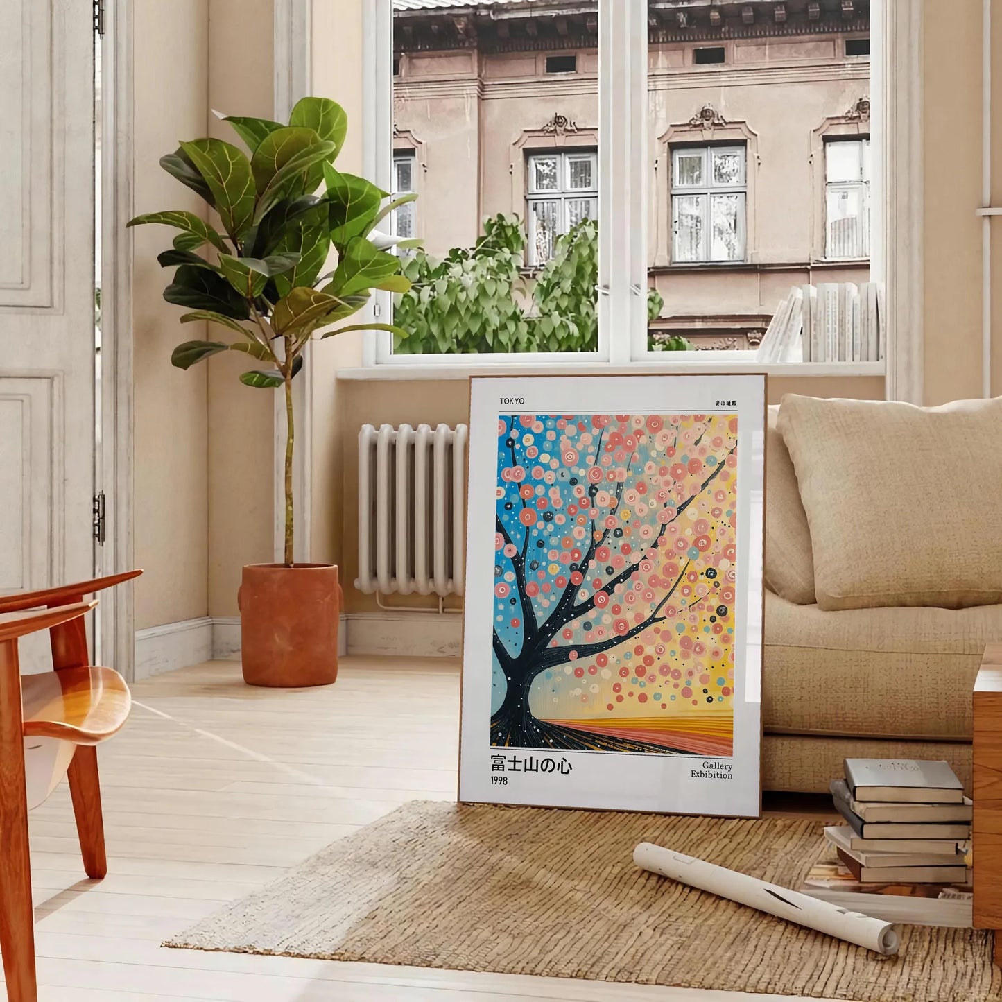 stunning Cherry Tree Yayoi Kusama 2 poster vibrant orange cool blue hues artwork iconic style modern twist perfect art lover space sizes A4 cm A0