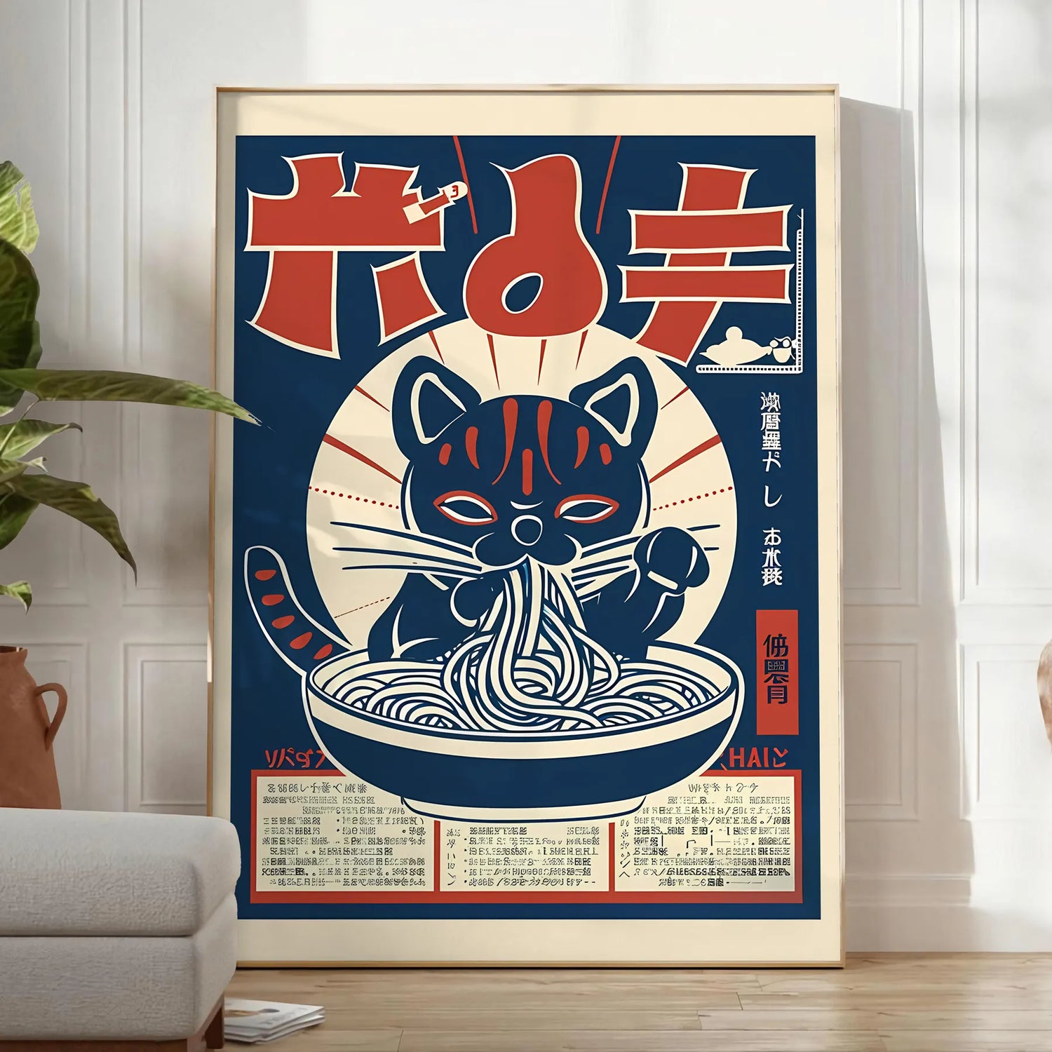 whimsical touch space Cat Ramen Kitchen Art Poster playful feline chefs vibrant blue green palette captivating wall perfect gift lovers foodies various sizes A4 cm A0