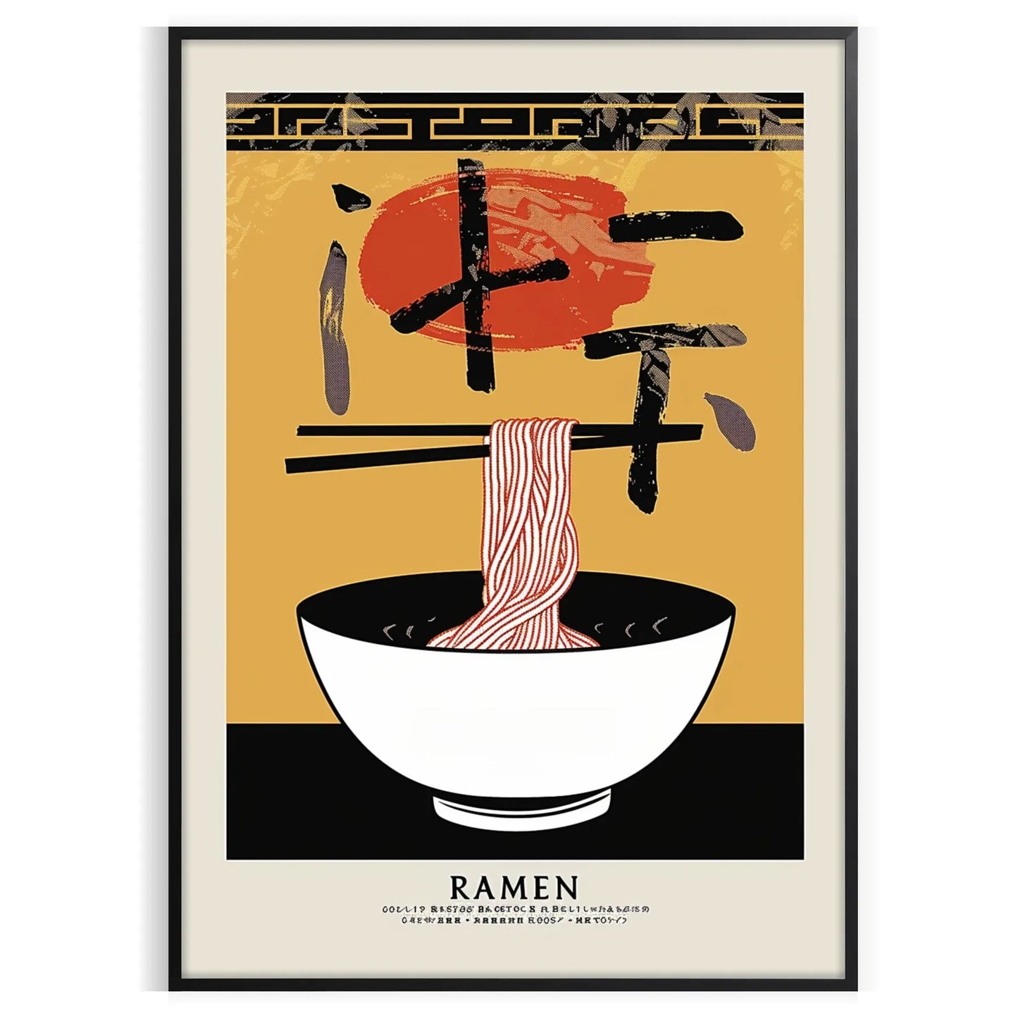 kitchen décor vibrant Ramen poster bold yellow black hues striking wall art essence favorite dish ideal gift lovers available sizes A4 cm A0