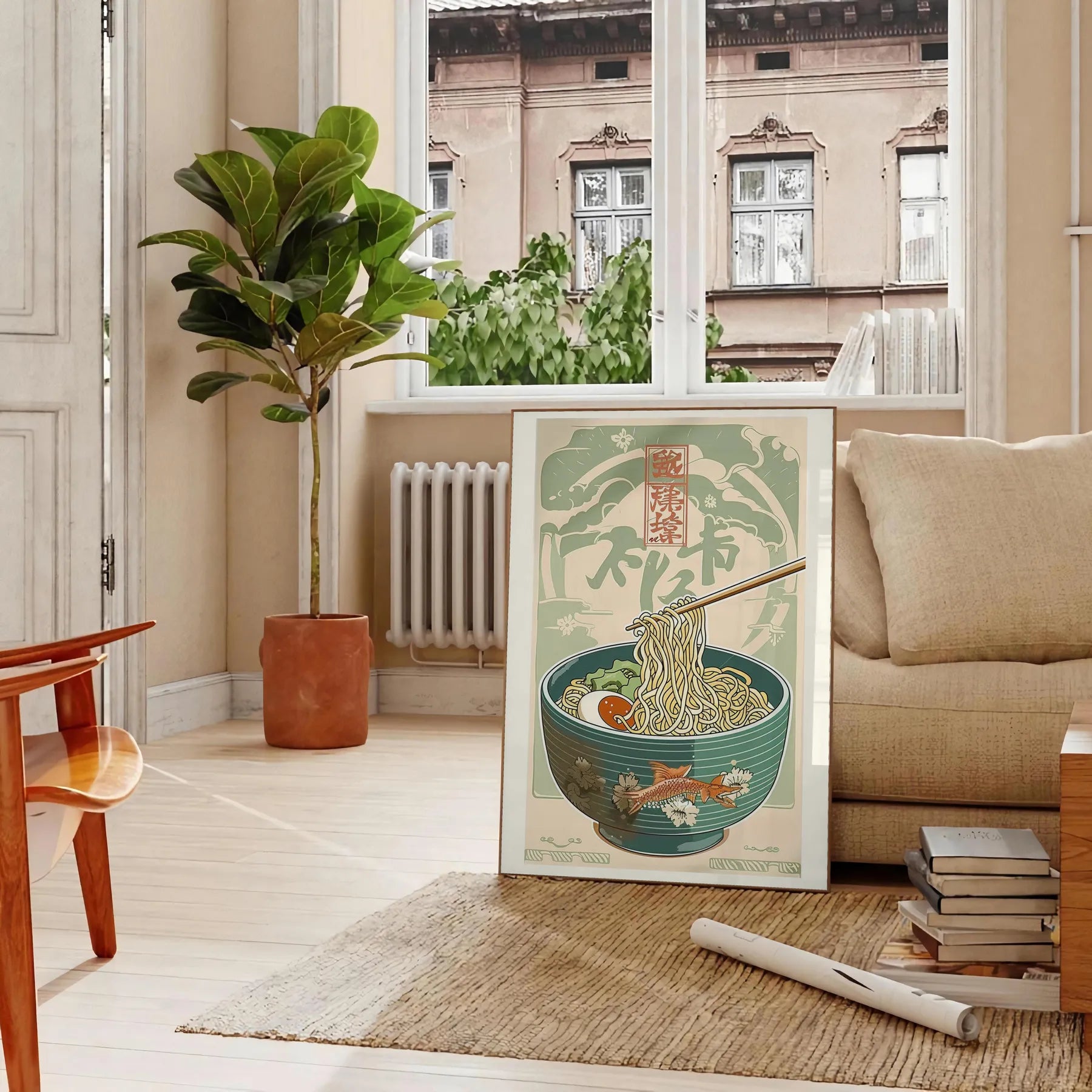 kitchen decor vibrant Ramen poster bold green orange hues stunning wall art taste culinary delight space unique gift personal artwork A4 cm A0