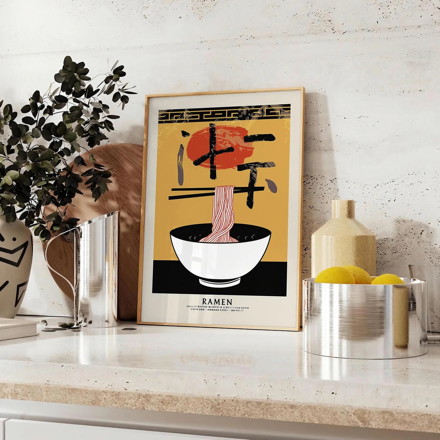 kitchen décor vibrant Ramen poster bold yellow black hues striking wall art essence favorite dish ideal gift lovers available sizes A4 cm A0