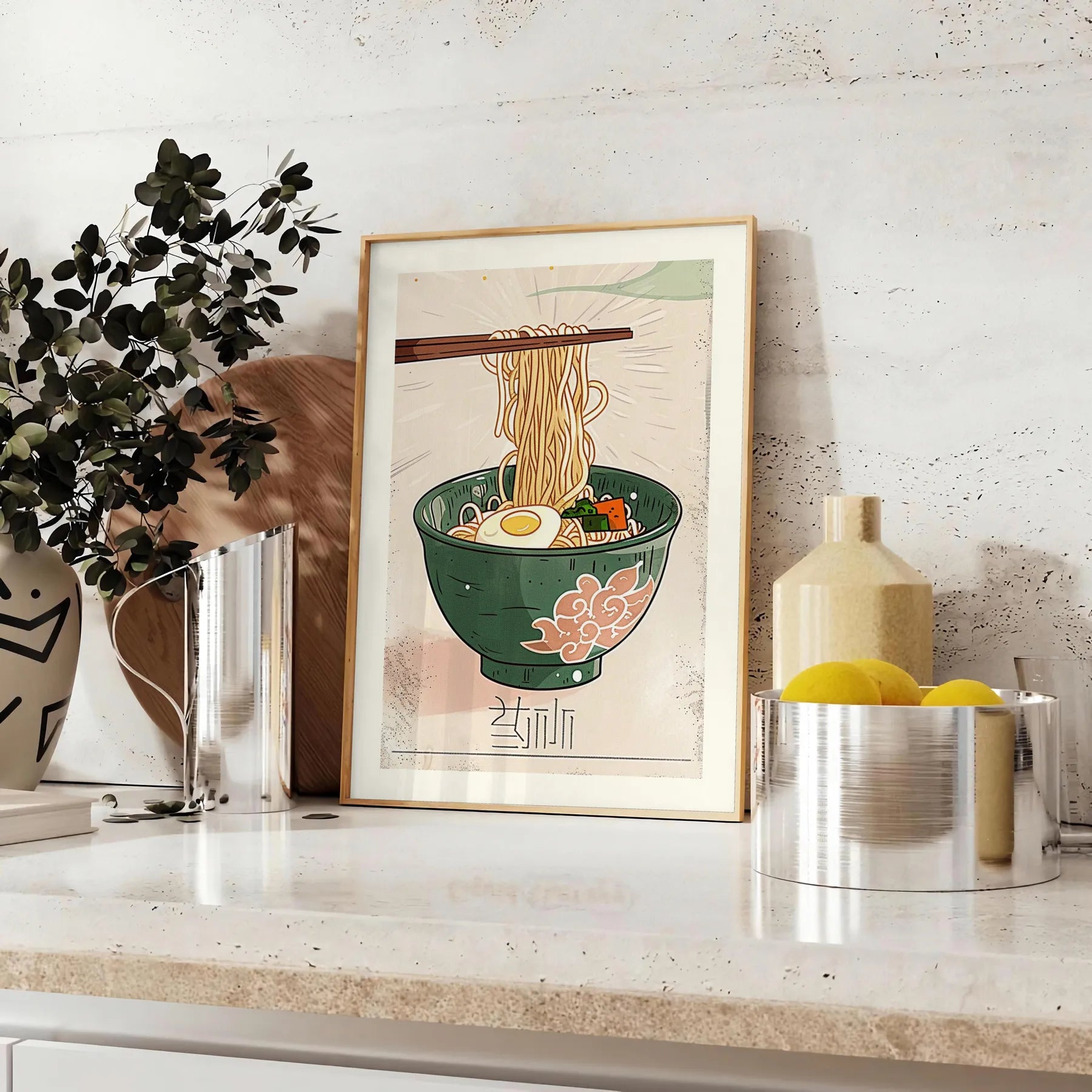 space vibrant Ramen Kitchen poster lively green orange hues wall art enthusiasts eye print ideal gift food lovers popular dimensions A4 cm A0