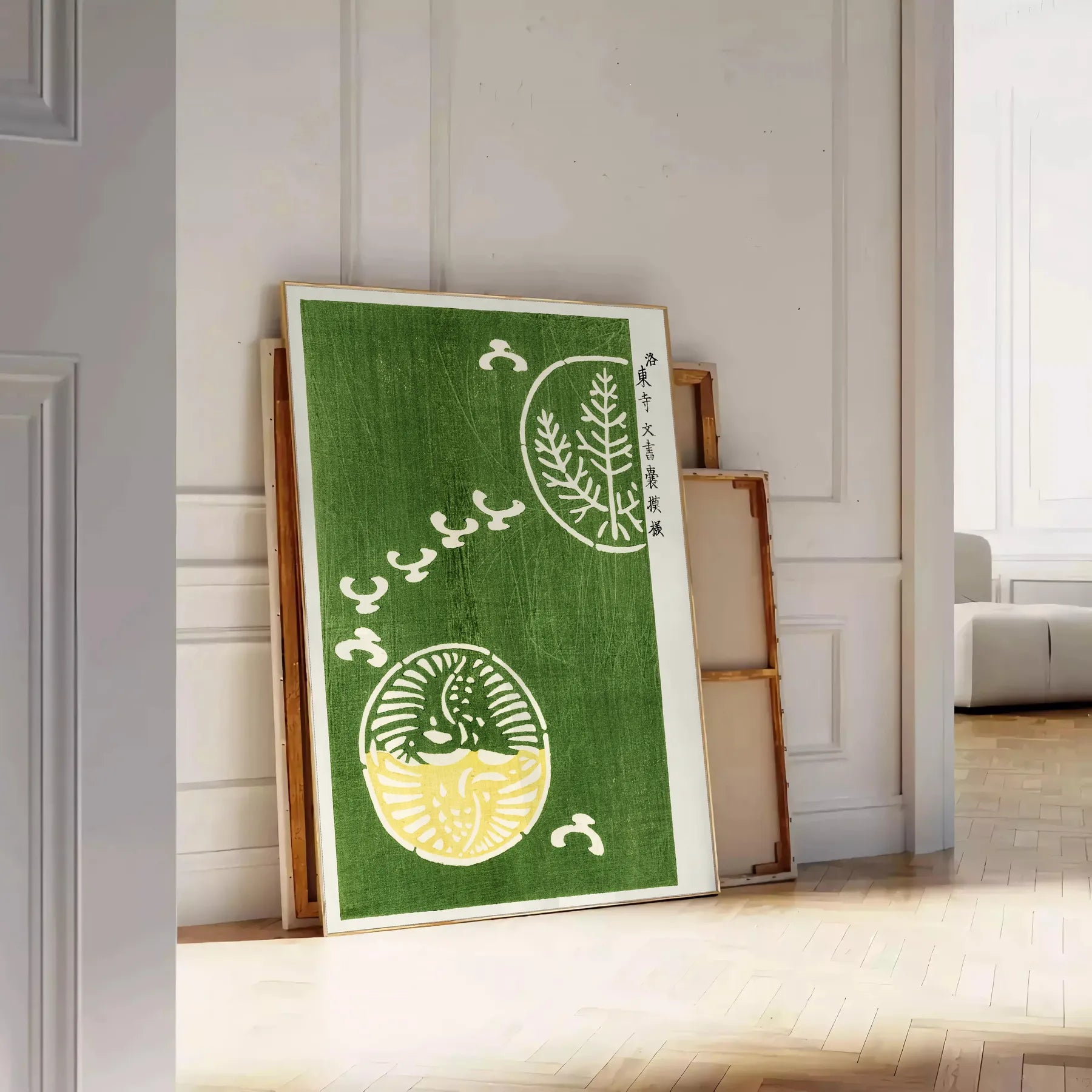 allure vintage Japanese poster serene green white hues wall art unique gift artwork timeless beauty A4 cm A0 sizes space elegant print