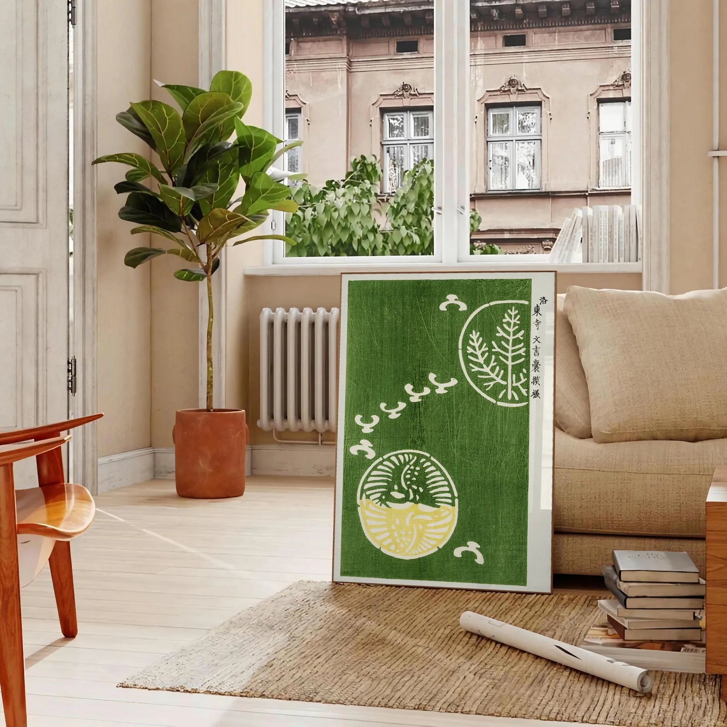 allure vintage Japanese poster serene green white hues wall art unique gift artwork timeless beauty A4 cm A0 sizes space elegant print