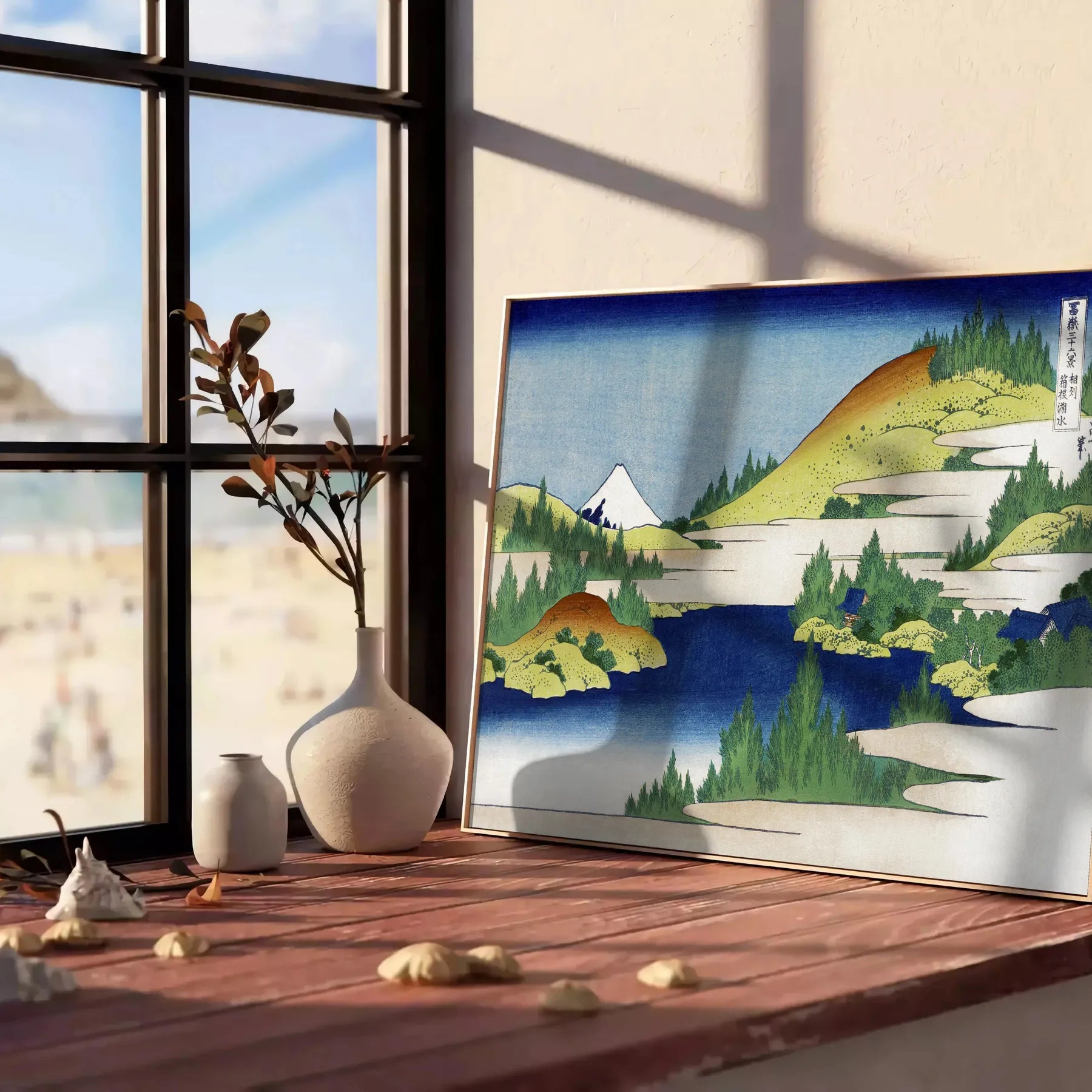 space vintage Japanese poster lush green serene blue hues wall art thoughtful gift artwork timeless touch decor sizes A4 cm A0