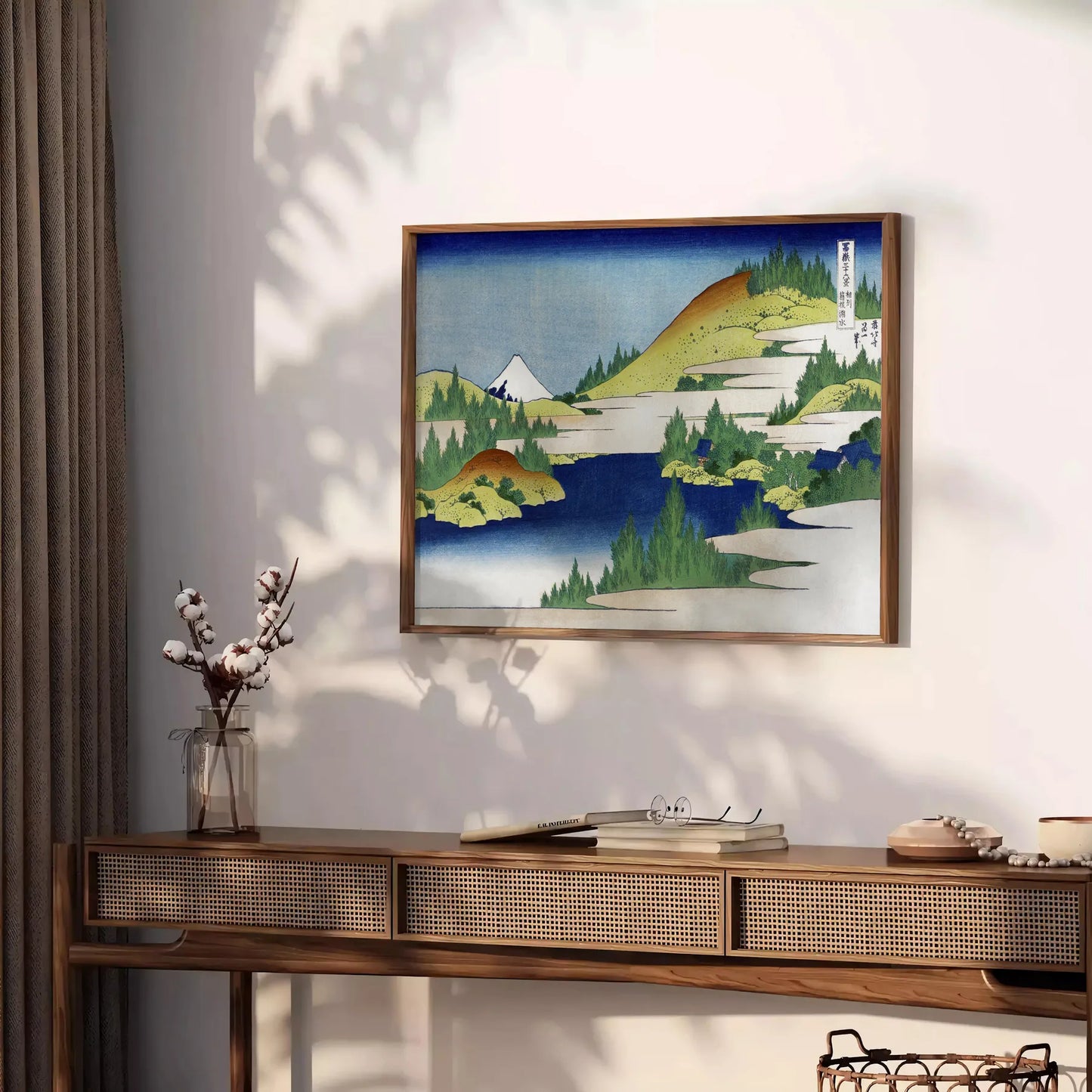 space vintage Japanese poster lush green serene blue hues wall art thoughtful gift artwork timeless touch decor sizes A4 cm A0