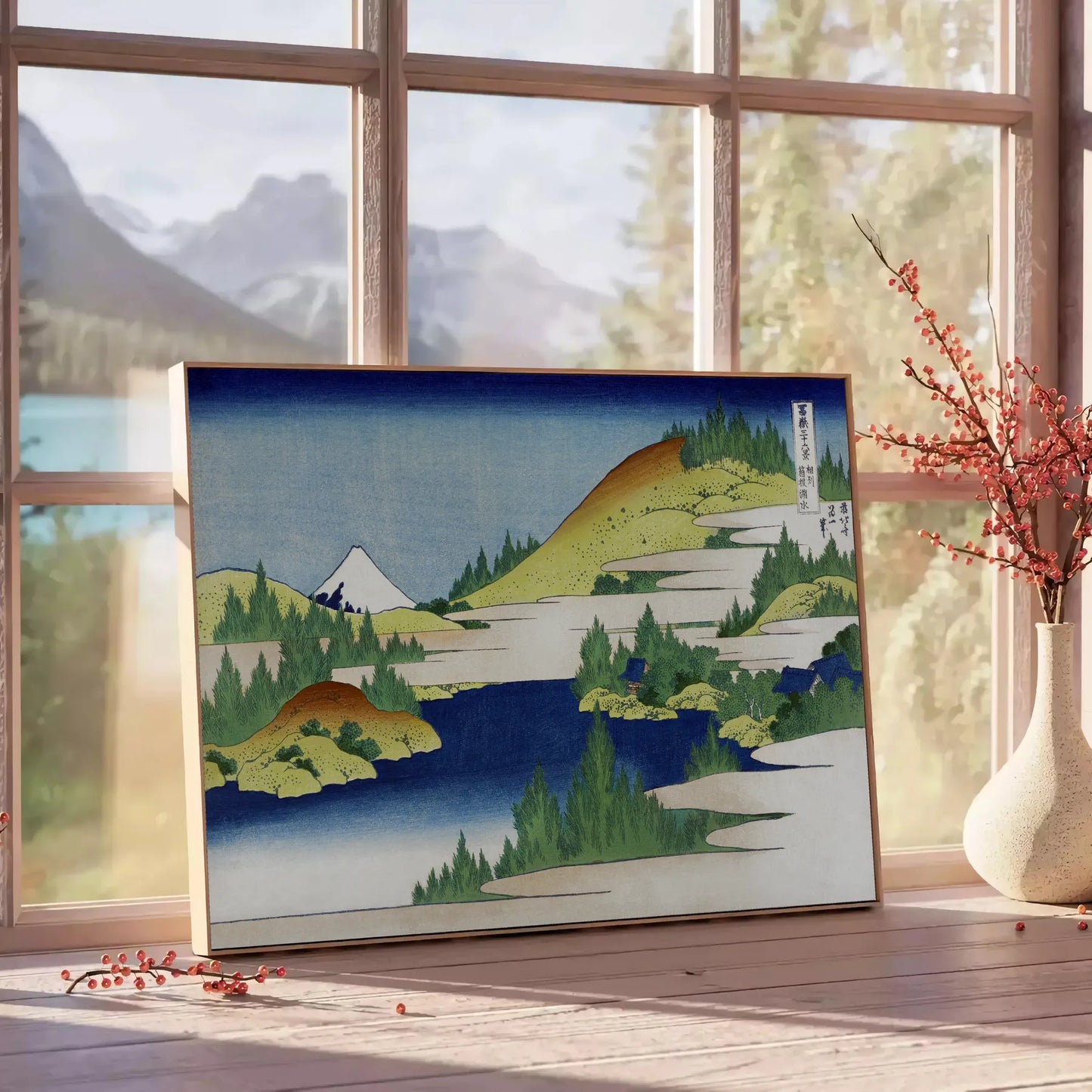 space vintage Japanese poster lush green serene blue hues wall art thoughtful gift artwork timeless touch decor sizes A4 cm A0