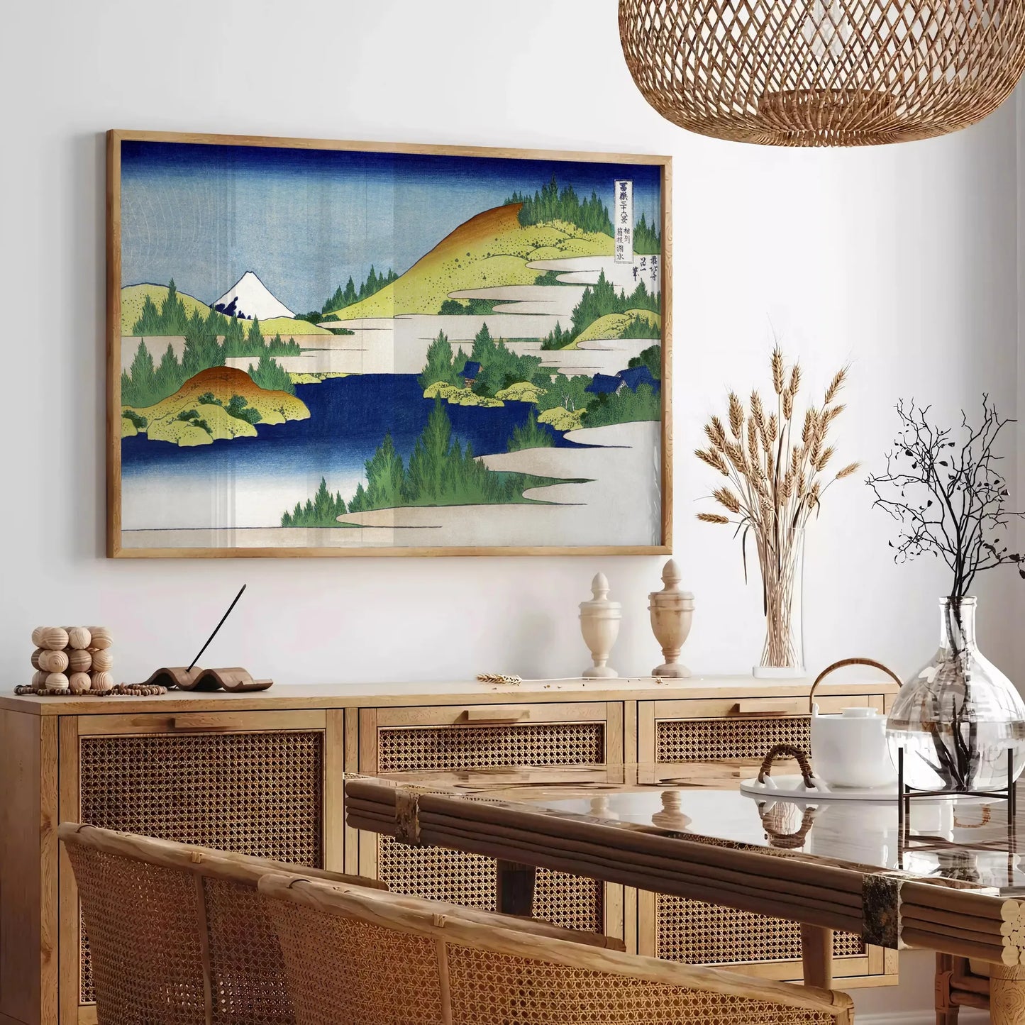 space vintage Japanese poster lush green serene blue hues wall art thoughtful gift artwork timeless touch decor sizes A4 cm A0