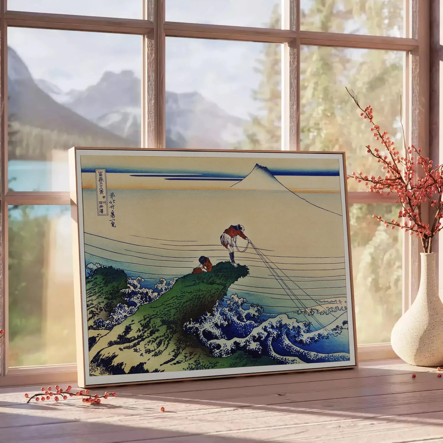 space vintage Japanese poster earthy brown green hues wall art thoughtful gift exquisite print timeless elegance room sizes A4 cm A0